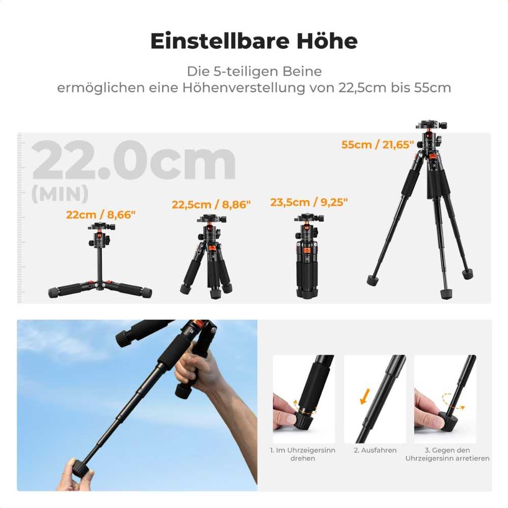 Small tripod features 5-section legs with quick locks
