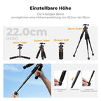 Small tripod features 5-section legs with quick locks