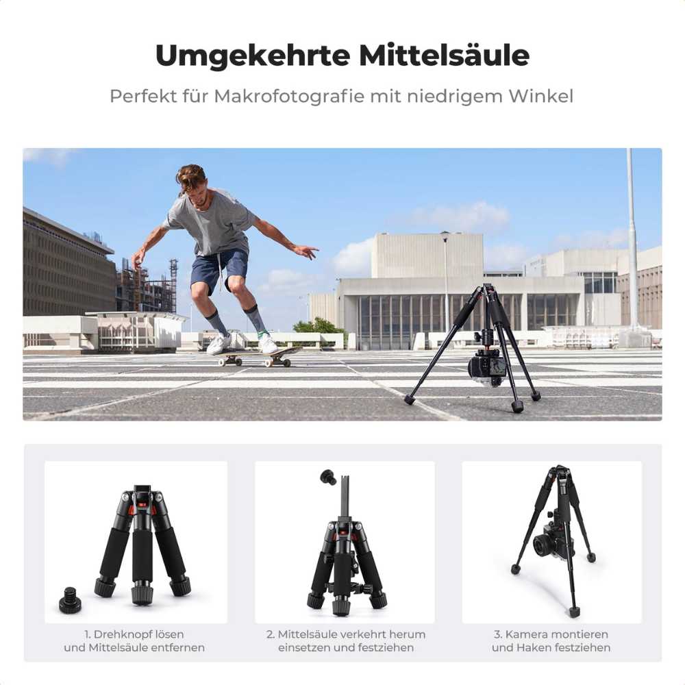 Small tripod features 5-section legs with quick locks
