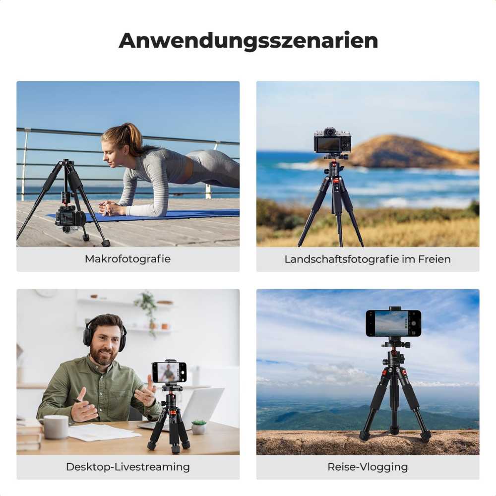Small tripod features 5-section legs with quick locks