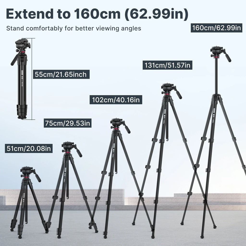 Black Ulanzi video tripod with a fluid head and pan handle, shown standing and folded, next to a phone holder