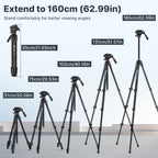 Black Ulanzi video tripod with a fluid head and pan handle, shown standing and folded, next to a phone holder