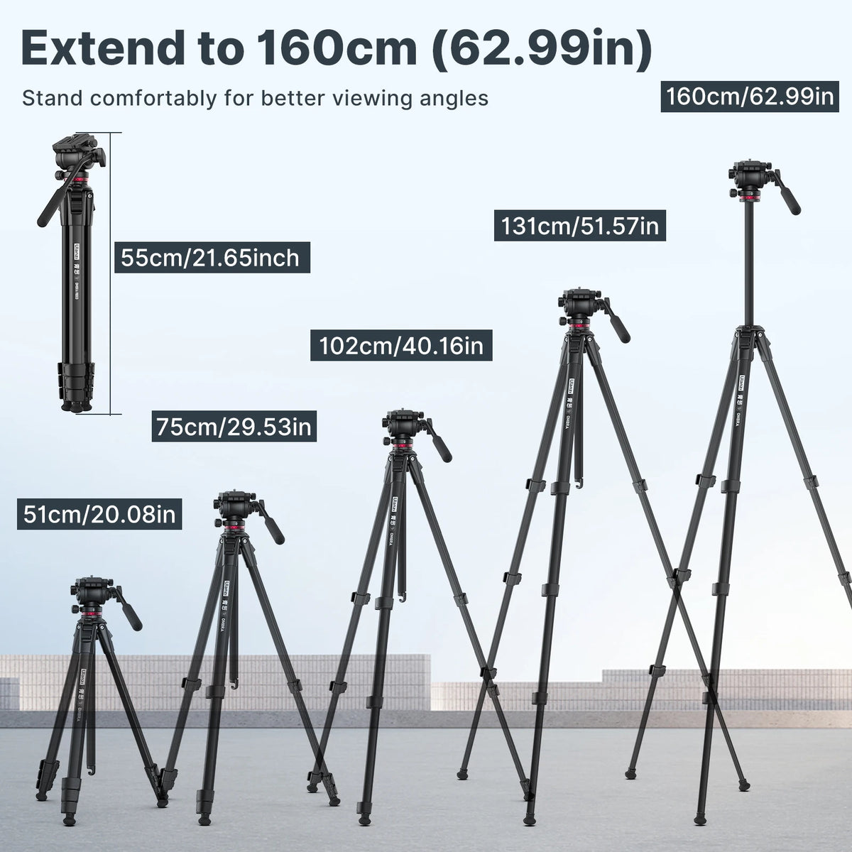 Black Ulanzi video tripod with a fluid head and pan handle, shown standing and folded, next to a phone holder