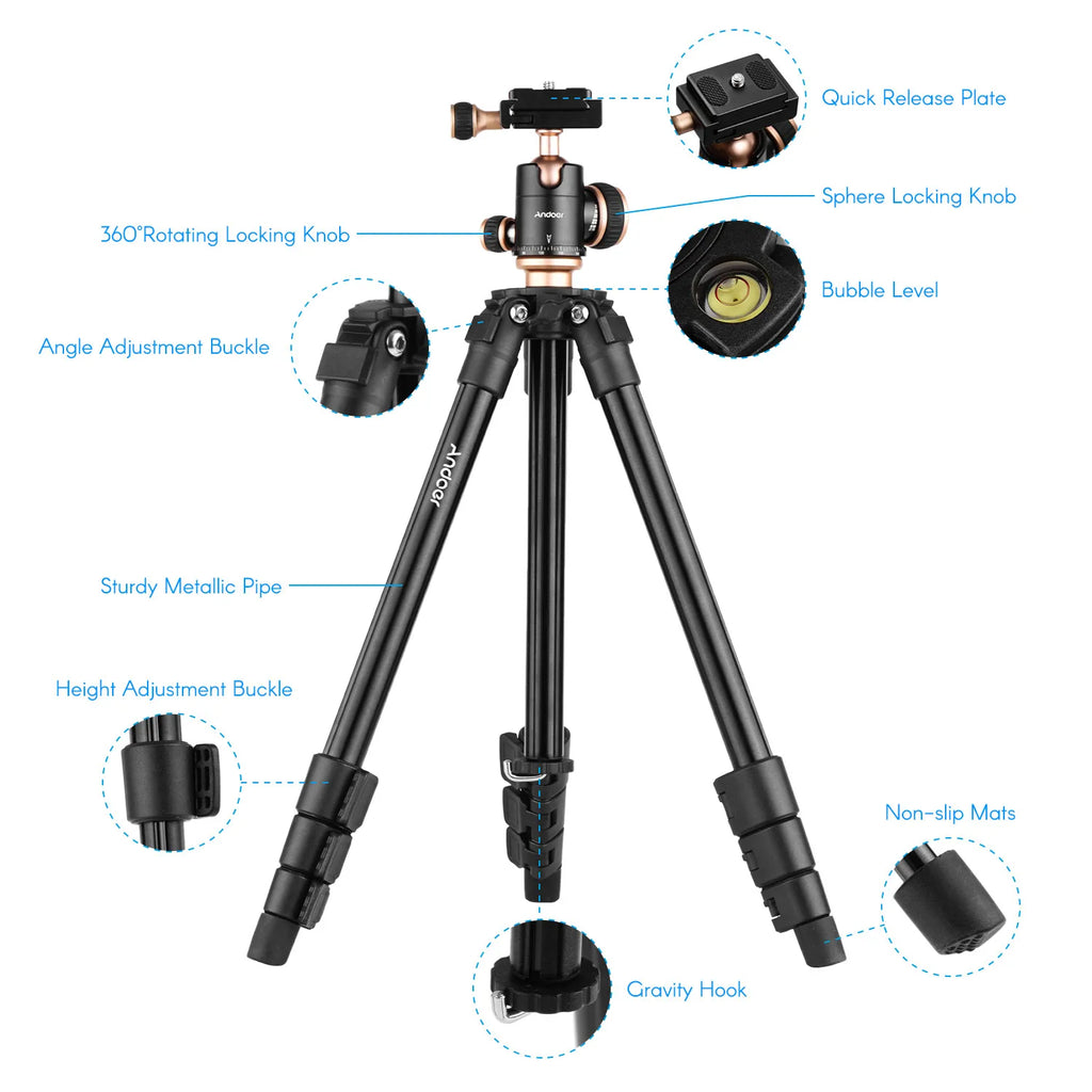 Black and gold Andoer tripod with a panoramic ball head and quick release plate, shown folded beside a black drawstring bag