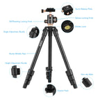 Black and gold Andoer tripod with a panoramic ball head and quick release plate, shown folded beside a black drawstring bag