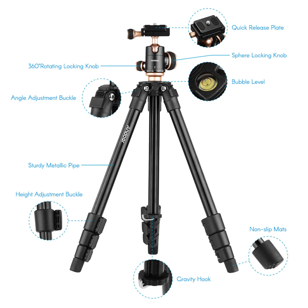 Black and gold Andoer tripod with a panoramic ball head and quick release plate, shown folded beside a black drawstring bag