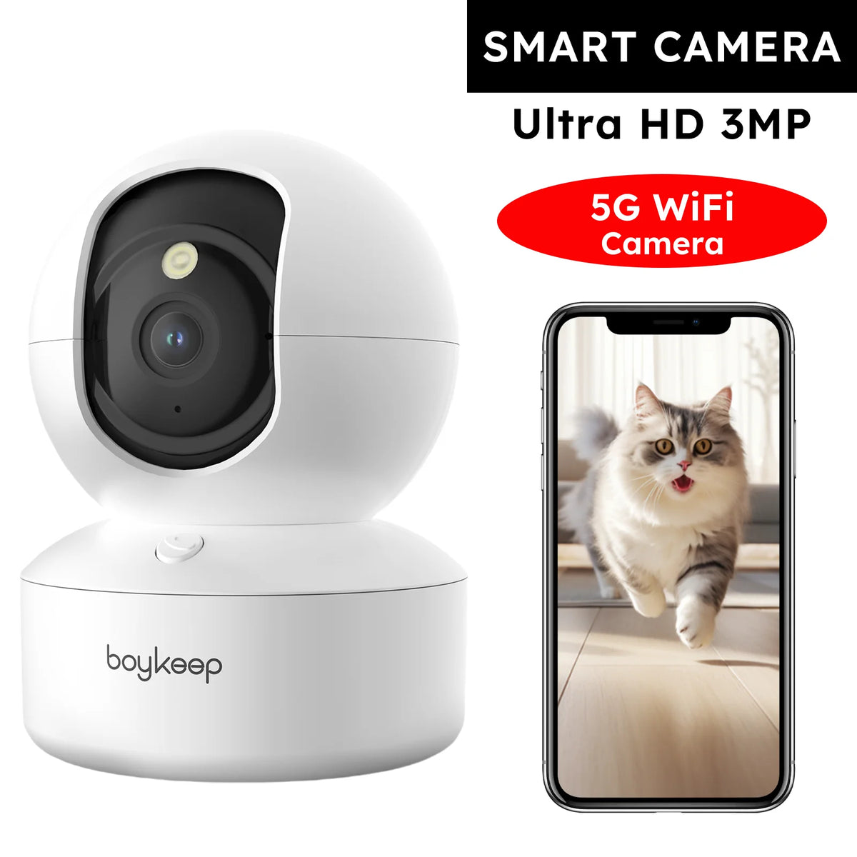White Boykeep dome camera next to a phone screen showing a fluffy cat running across a floor