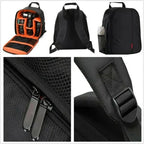 Small black camera backpack shown open with orange padded dividers holding a camera and lenses, with back and side views