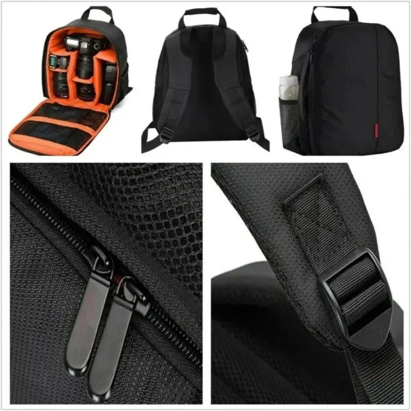 Small black camera backpack shown open with orange padded dividers holding a camera and lenses, with back and side views