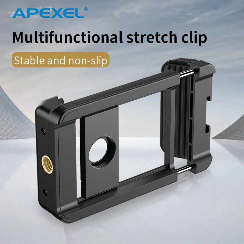 Black Apexel extendable phone clamp with a threaded lens ring in the centre and a tripod screw socket on the side