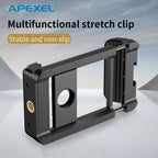 Black Apexel spring-loaded phone clamp with a threaded lens ring in the centre and a tripod screw hole on the side
