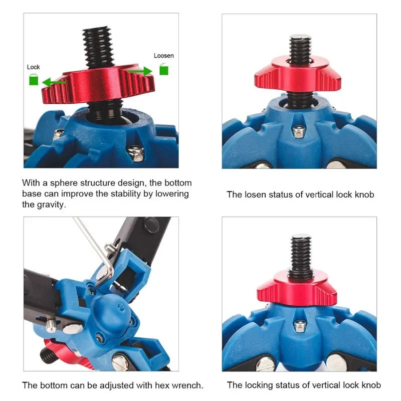 Folding three-leg monopod base with blue joints, a red locking ring and a screw stud, with small views of it under a monopod