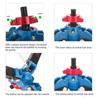 Folding three-leg monopod base with blue joints, a red locking ring and a screw stud, with small views of it under a monopod