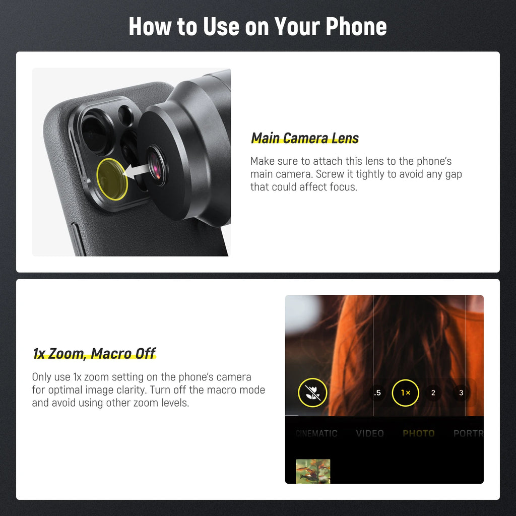 Black Neewer telephoto phone lens with a screw-on hood mounted on a greyed-out phone, its cap beside it