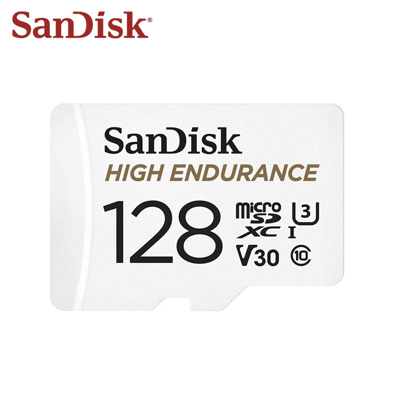 Four white SanDisk High Endurance microSD cards marked 32, 64, 128 and 256 GB