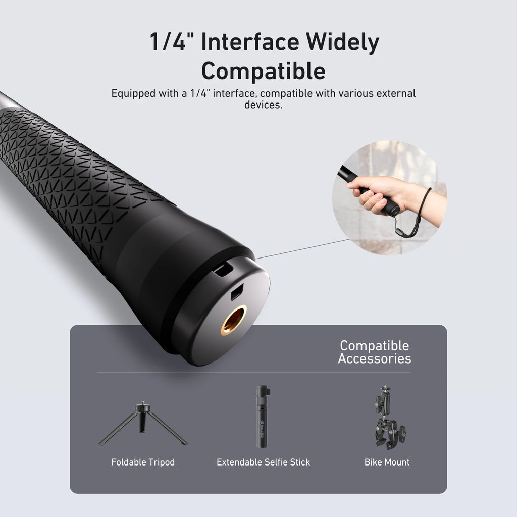 Black Telesin extendable stick with a textured grip, shown with a thumb screw mount, holding an action camera, and closed