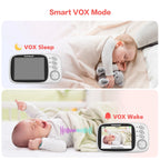 White baby monitor camera on a stand next to a Boavision parent unit whose screen shows two sleeping babies