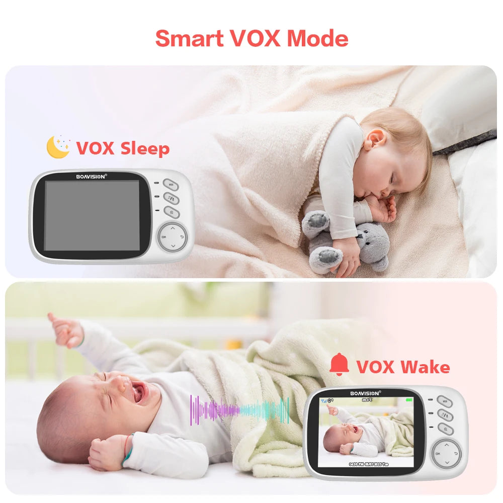 White baby monitor camera on a stand next to a Boavision parent unit whose screen shows two sleeping babies