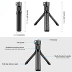 Black mini tripod handle with a rotating top and 1/4 inch screw, swinging a stick and holding a 360 camera on a table