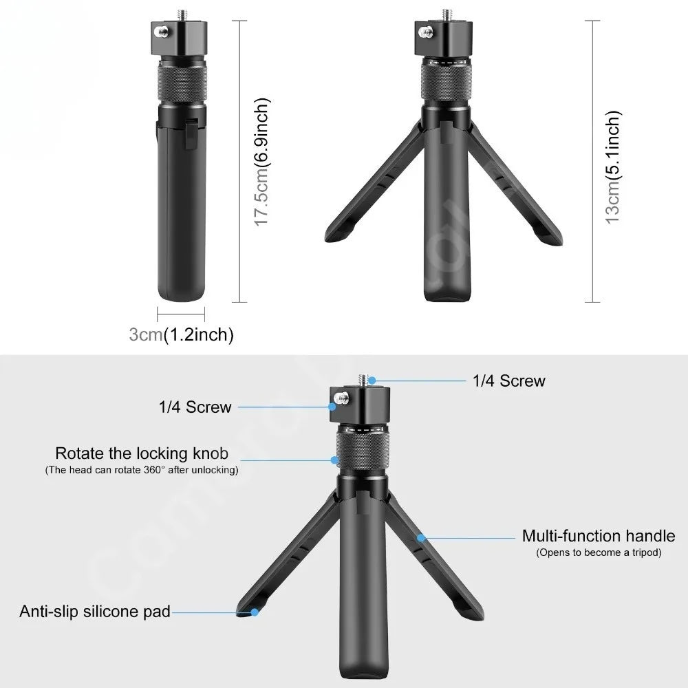 Black mini tripod handle with a rotating top and 1/4 inch screw, swinging a stick and holding a 360 camera on a table