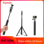 Black Flymile stick held with a pocket gimbal camera, set up as a tall tripod, and as a short grip with an action camera