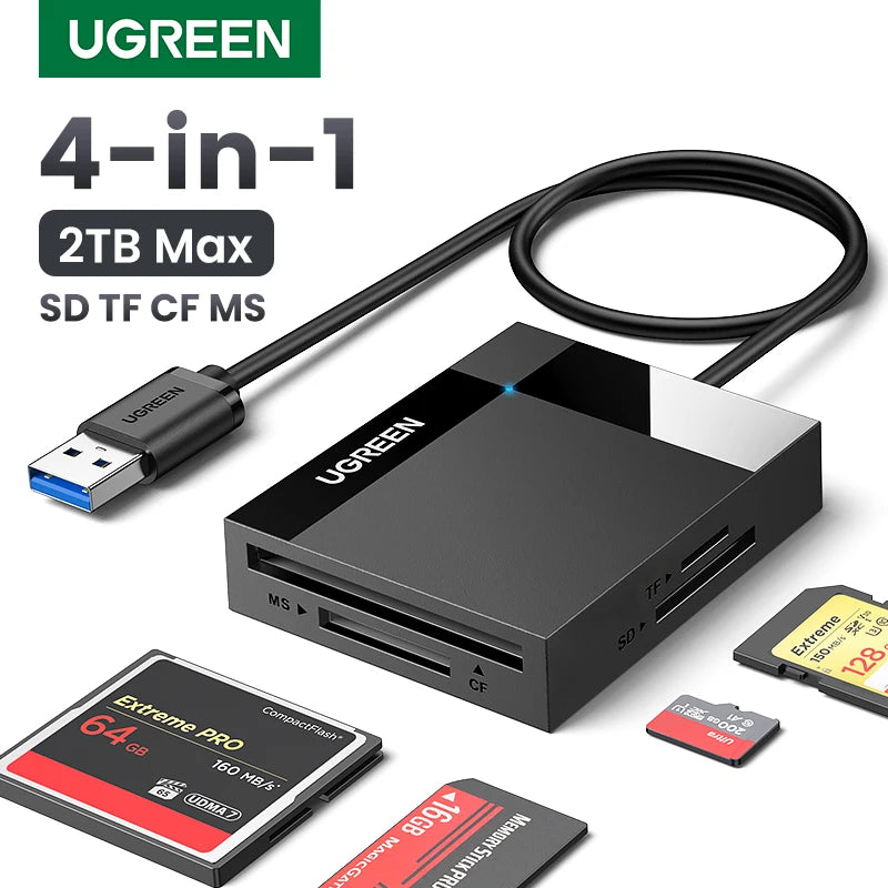 Black four-slot card reader with an attached USB-A cable, shown with CompactFlash, SD and microSD cards beside it
