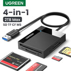 Black four-slot card reader with an attached USB-A cable, shown with CompactFlash, SD and microSD cards beside it
