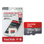 Four red and grey SanDisk Ultra microSD cards marked 256GB, 32GB, 64GB and 128GB