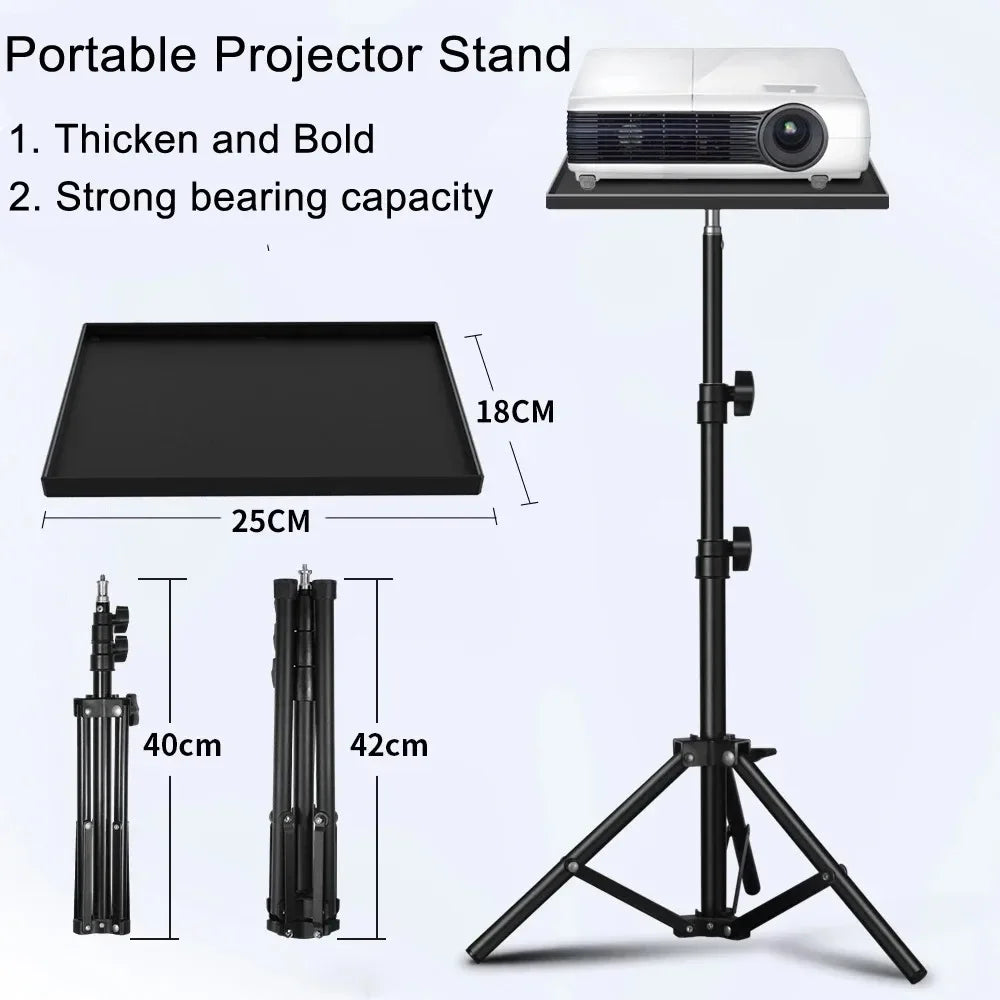Black tripod stand with a rectangular tray on a telescoping pole, with close-ups of the tray mount and the leg joint