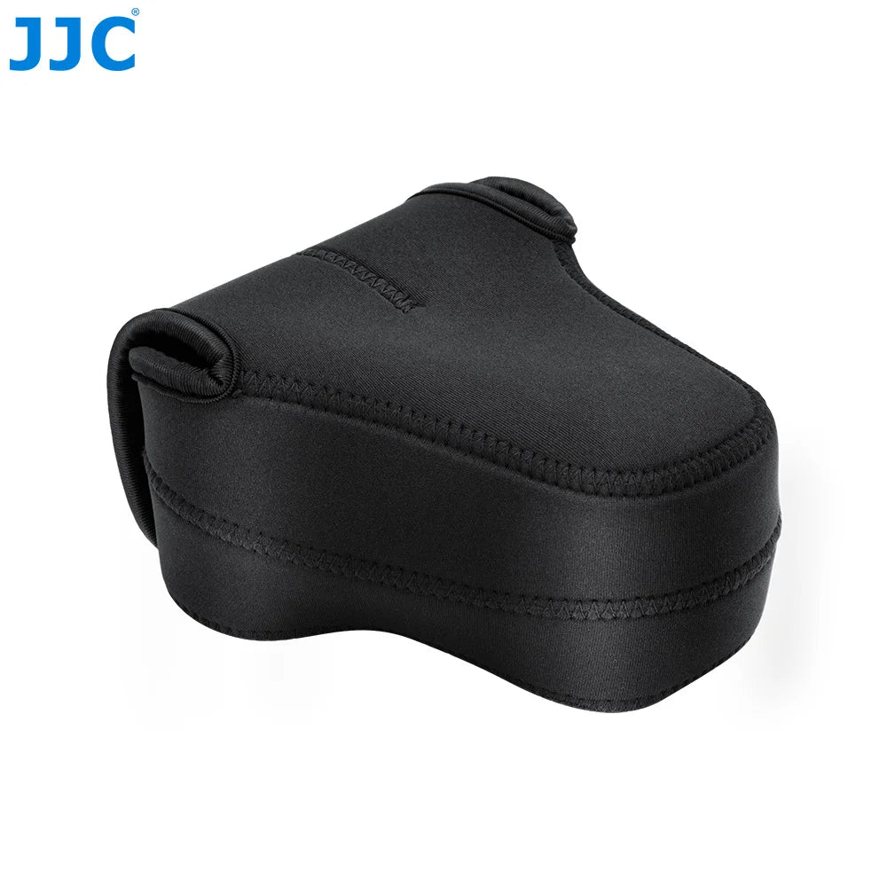 Contoured black soft camera pouch with a zip around the body and two small loops, shown closed on a white background