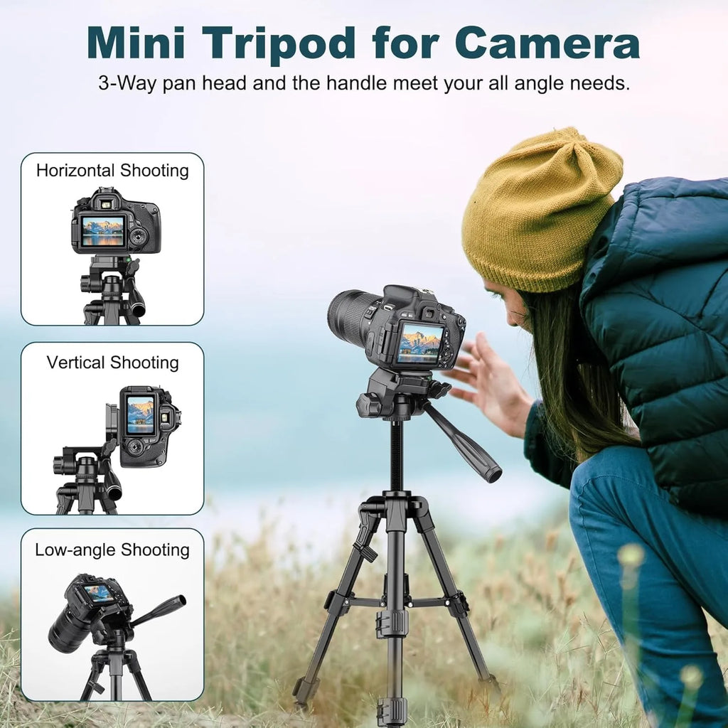 Black mini tripod with a pan head and handle, shown with a phone clip, a spare plate, a carry bag and a folded view