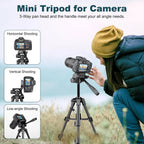 Black mini tripod with a pan head and handle, shown with a phone clip, a spare plate, a carry bag and a folded view