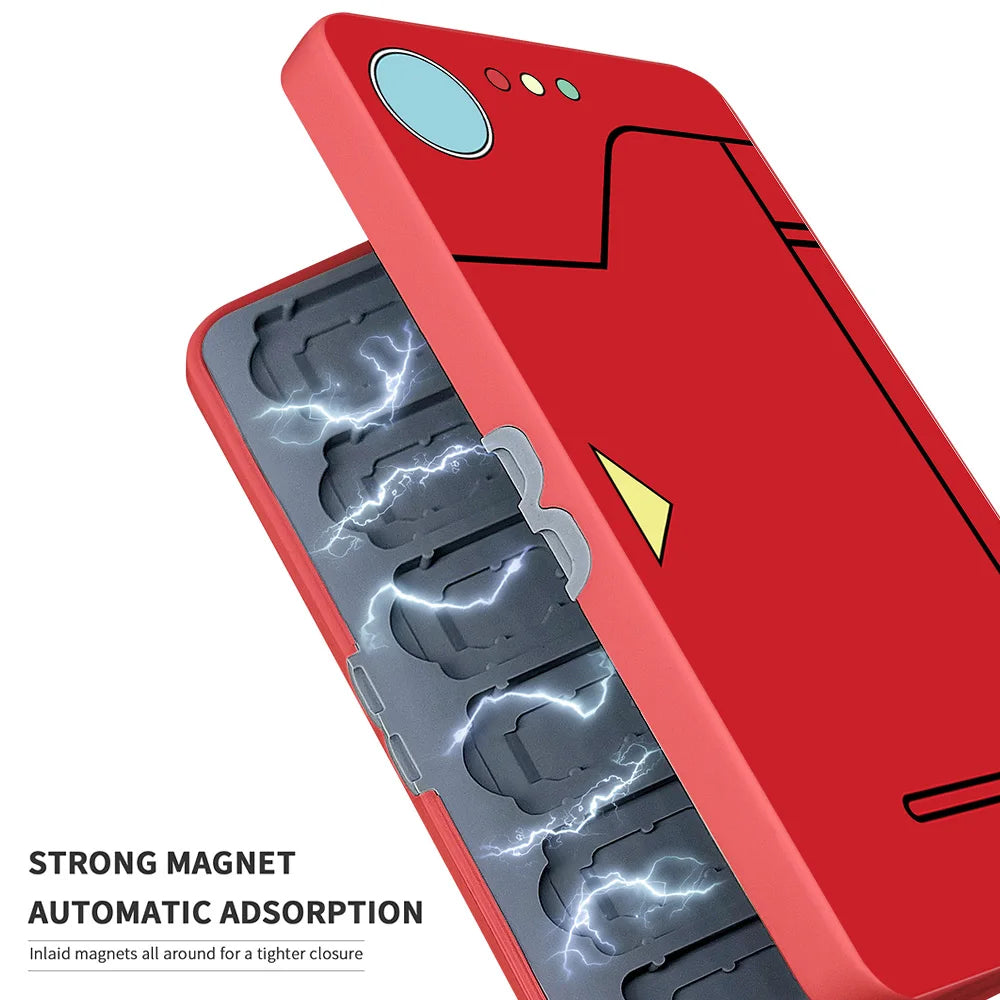 Red hard-shell card case open to show two grey trays of game card and microSD slots, several of them filled