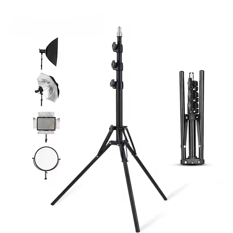 Black light stand extended on spread legs, a folded stand, and small icons of a softbox, umbrella and LED panel
