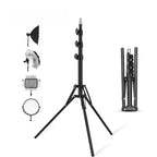 Black light stand extended on spread legs, a folded stand, and small icons of a softbox, umbrella and LED panel