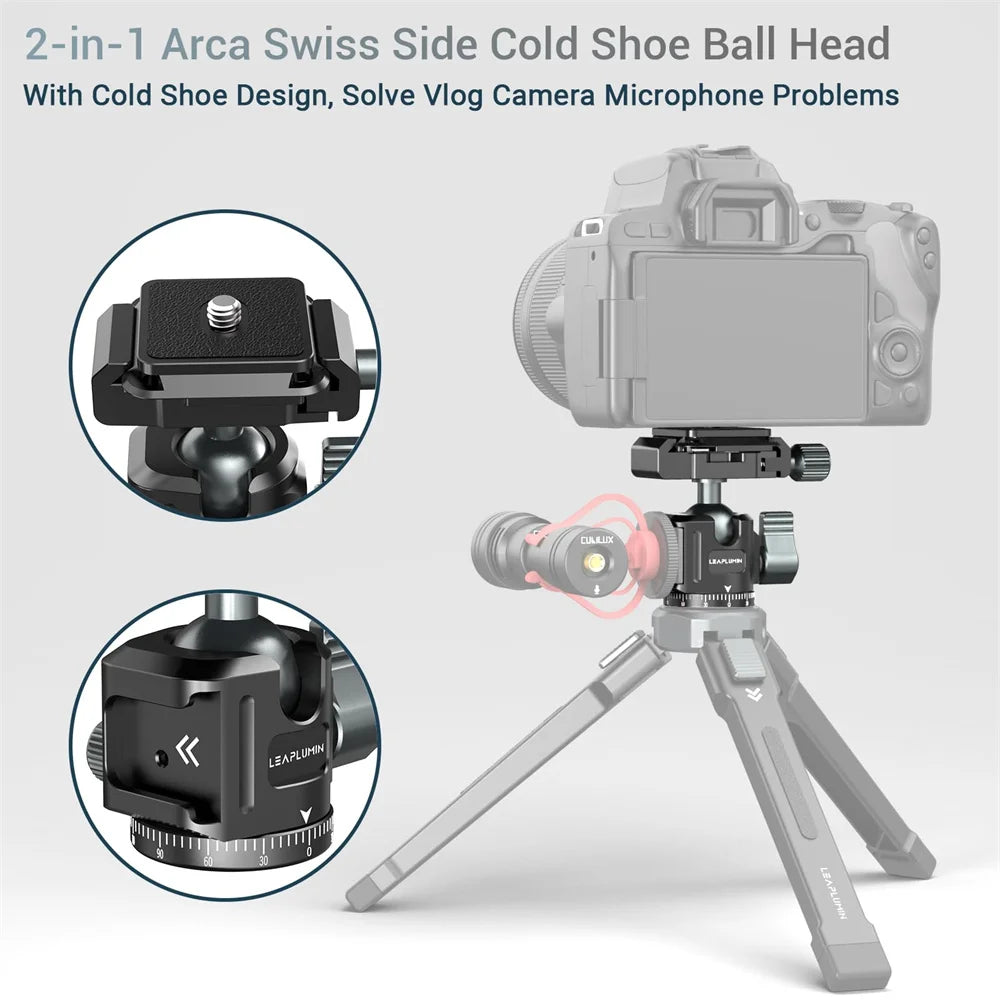 Black low-profile ball head with a quick release clamp and plate, a locking lever, a hex key and a thread adapter