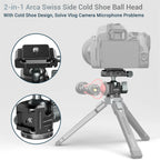 Black low-profile ball head with a quick release clamp and plate, a locking lever, a hex key and a thread adapter