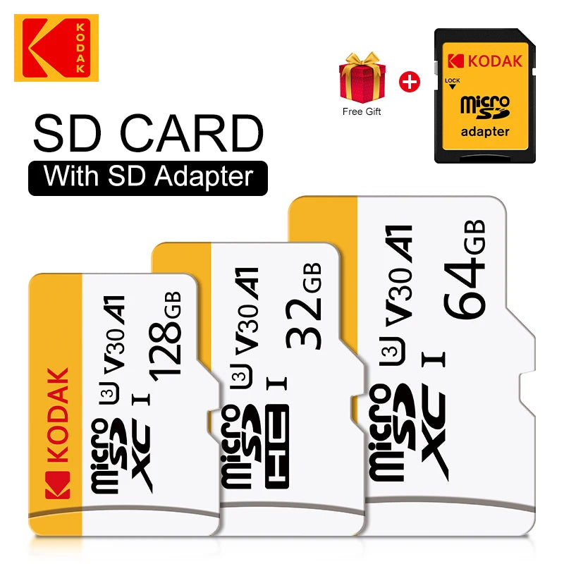 White and yellow Kodak-branded microSD cards in 128GB, 32GB and 64GB, beside a yellow microSD to SD adapter