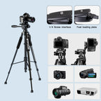 Black aluminum tripod with a handled pan head holding a mirrorless camera, shown folded beside a black drawstring carry bag