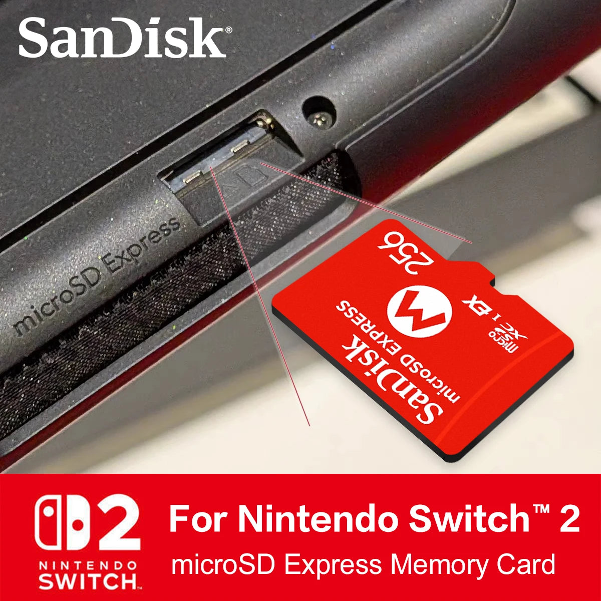Red SanDisk microSD Express 256GB card with a white mushroom-style M logo printed on the face