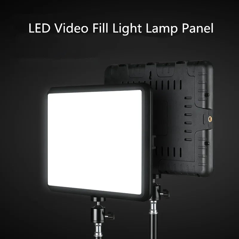 Two slim LED video panel lights on tall black tripod stands, one showing its back, beside three color temperature swatches