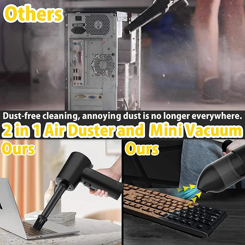 Black handheld cordless air blower with a lightning icon on the grip, five nozzle attachments and a USB cable