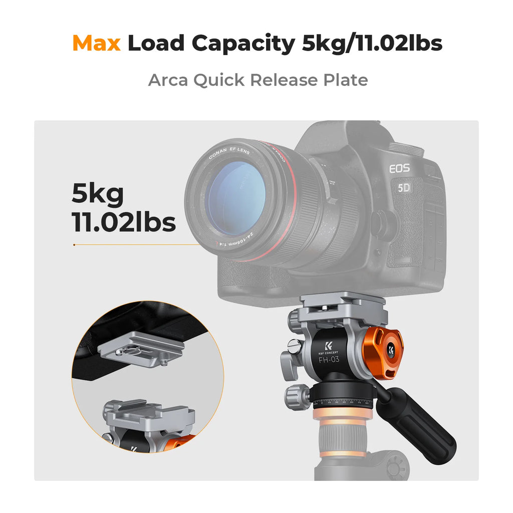 Silver and orange K&F Concept fluid video head with a long black pan handle and a quick release plate on top