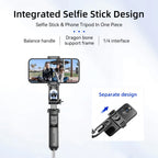 Black folded selfie stick with a red ring and a fold-out phone clamp, standing beside its black and orange F16 box