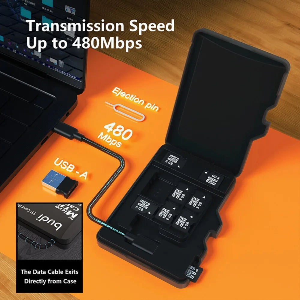 Black Budi card case shaped like an oversized microSD card, open to show card slots and a fold-out USB reader