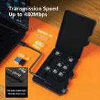 Black Budi card case shaped like an oversized microSD card, open to show card slots and a fold-out USB reader