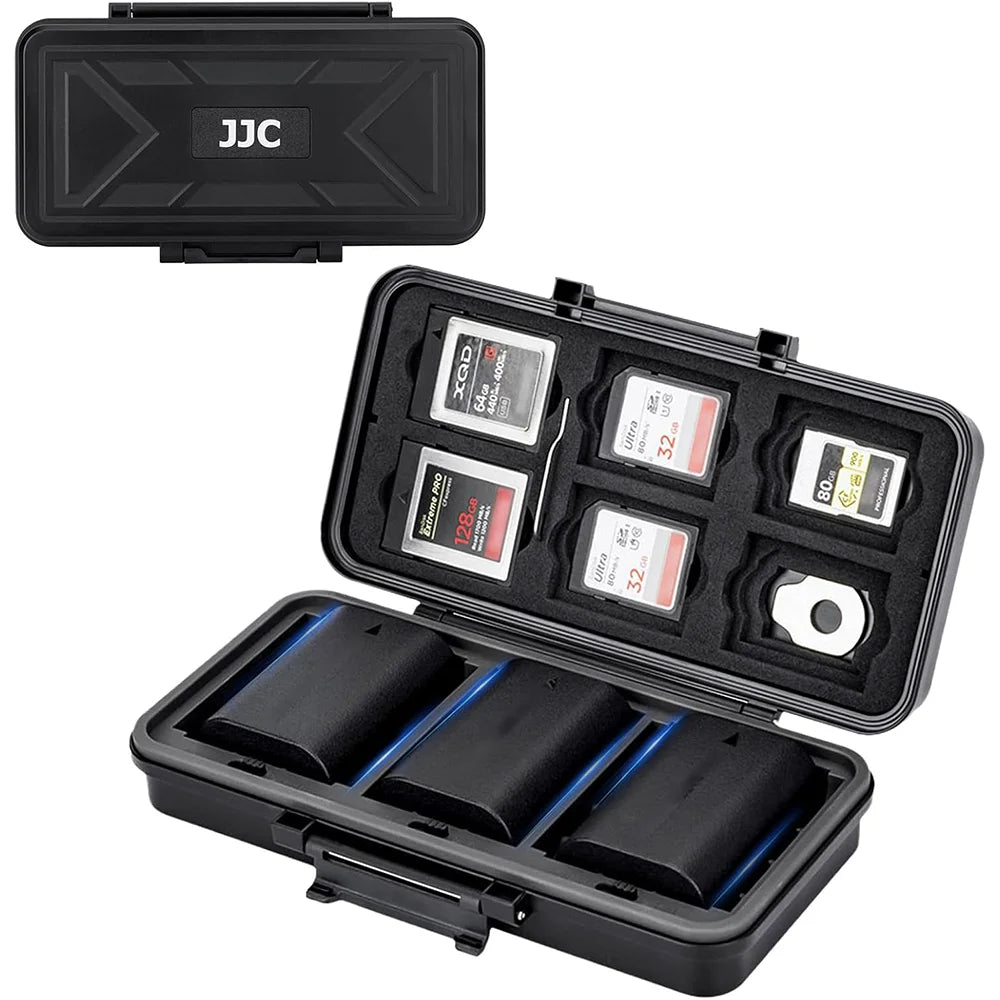 Open black JJC hard case with memory cards held in the lid and three camera batteries in moulded wells below