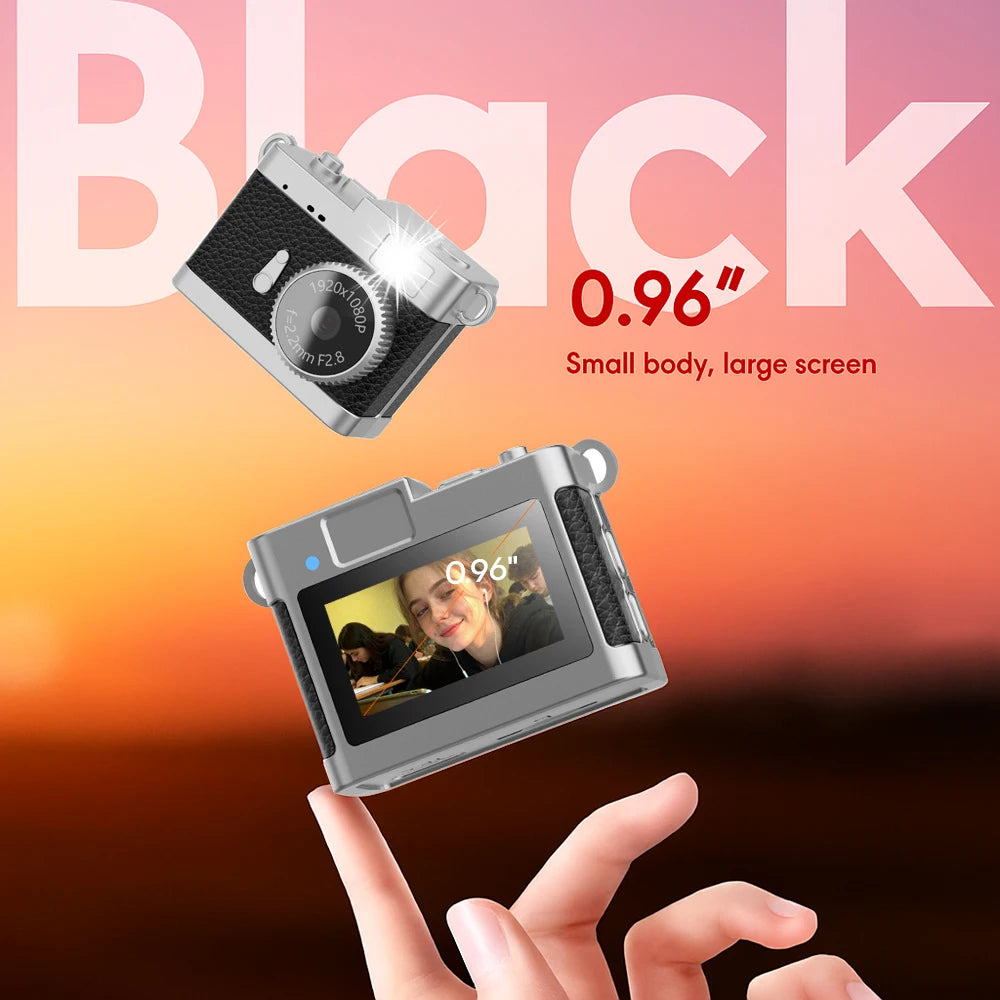 Tiny silver and black retro-style camera held between two fingers, its lens dial printed 1280x720P