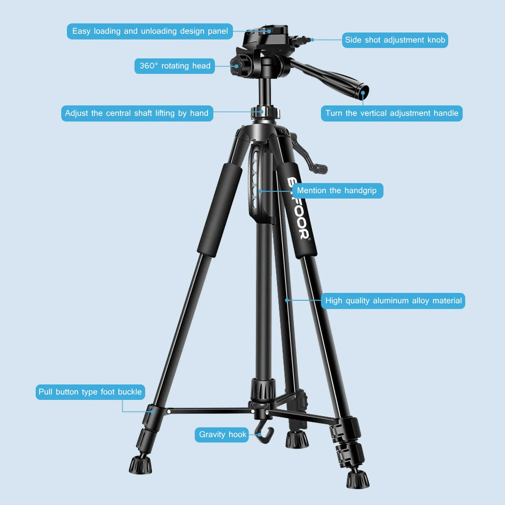 Black aluminum tripod with a handled pan head holding a mirrorless camera, shown folded beside a black drawstring carry bag