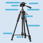 Black aluminum tripod with a handled pan head holding a mirrorless camera, shown folded beside a black drawstring carry bag